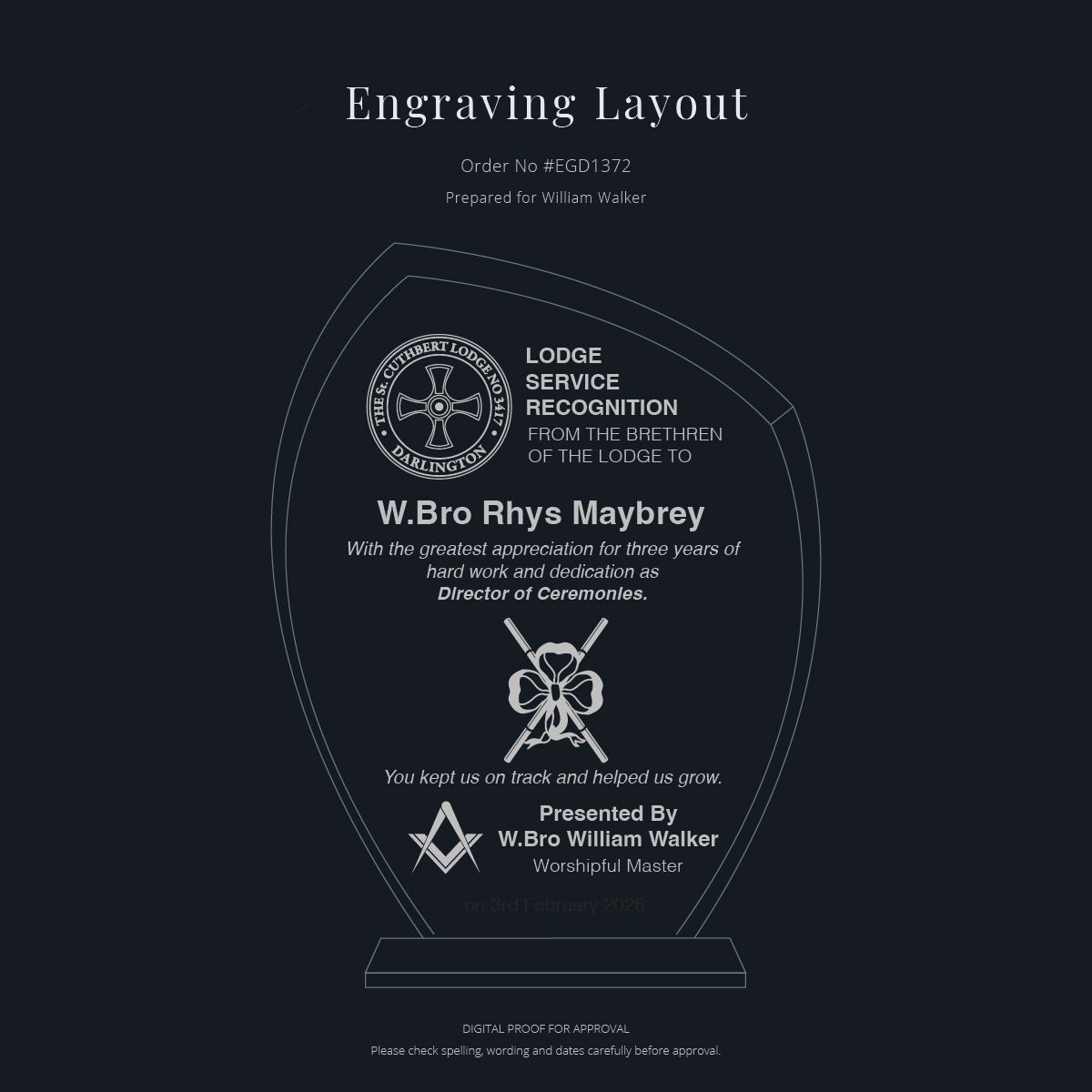 Masonic engraving design prepared for leaf award, shown as customer approval proof before engraving