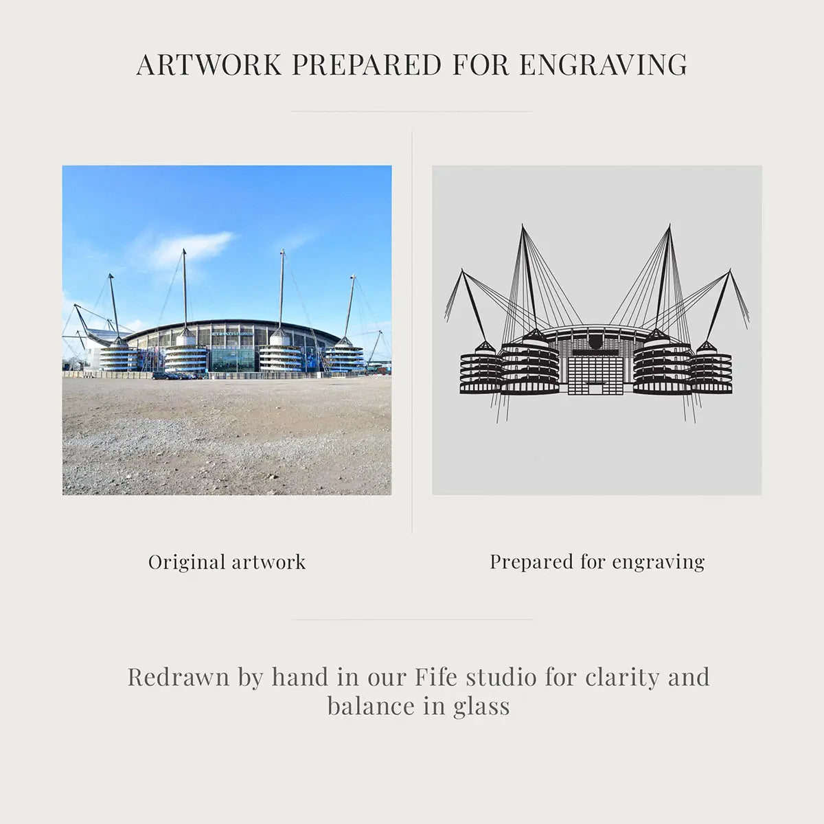 Football stadium artwork comparison showing original design and redrawn version prepared for engraving