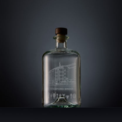 Engraved apothecary-style decanter with Stamford Bridge stadium illustration