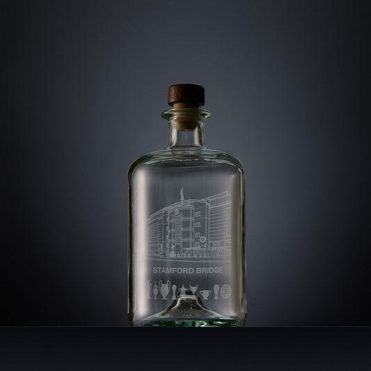Engraved apothecary-style decanter with Stamford Bridge stadium illustration