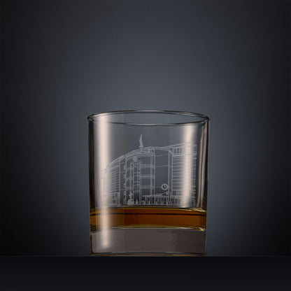 Whisky glass with engraved Stamford Bridge Stadium design and space for personalised text.