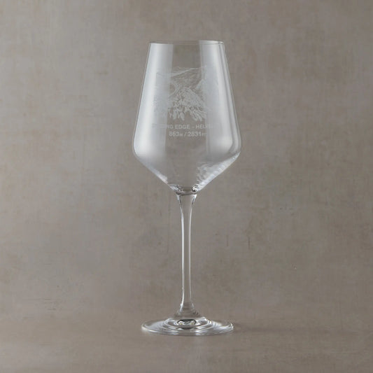 Stemmed wine glass engraved with Helvellyn's Striding Edge, the third-highest peak in the Lake District, England