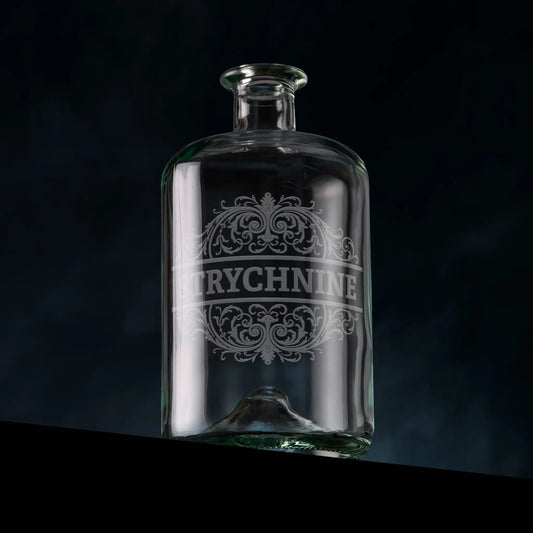 Strychnine apothecary-style decanter with ornate engraved poison label.