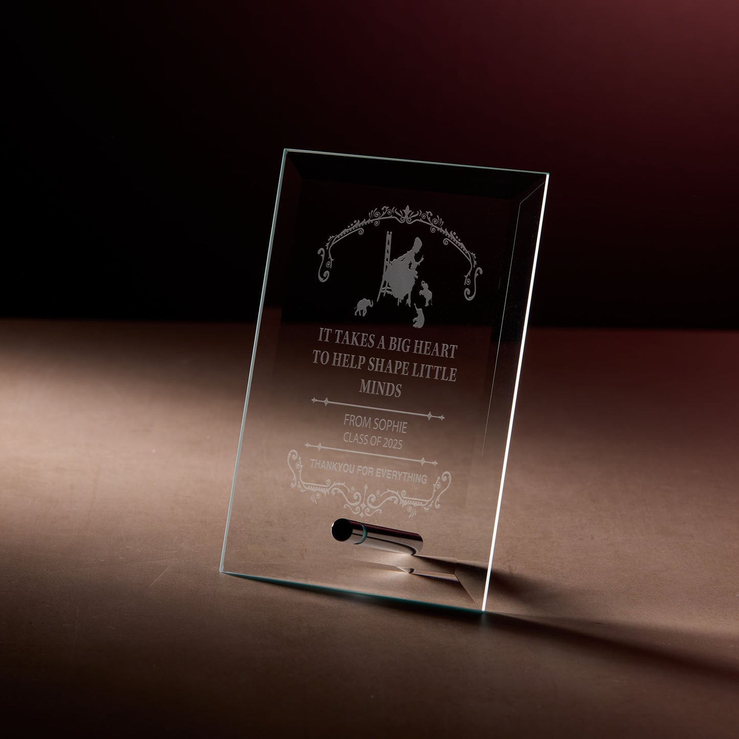 Engraved appreciation plaque with female teacher and personalised text