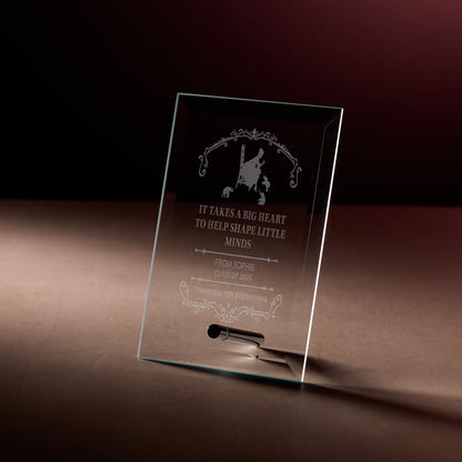 Engraved appreciation plaque with female teacher and personalised text