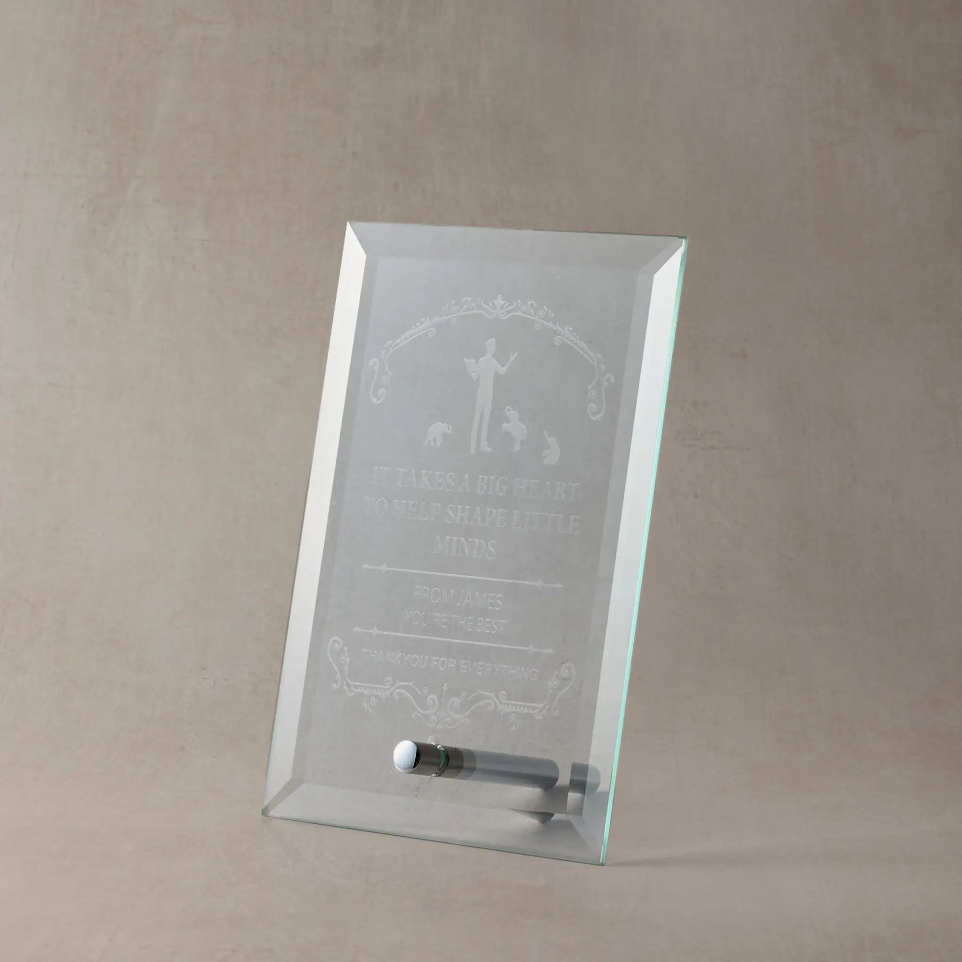 Bevelled display glass plaque engraved with a thankyou message to a special teacher
