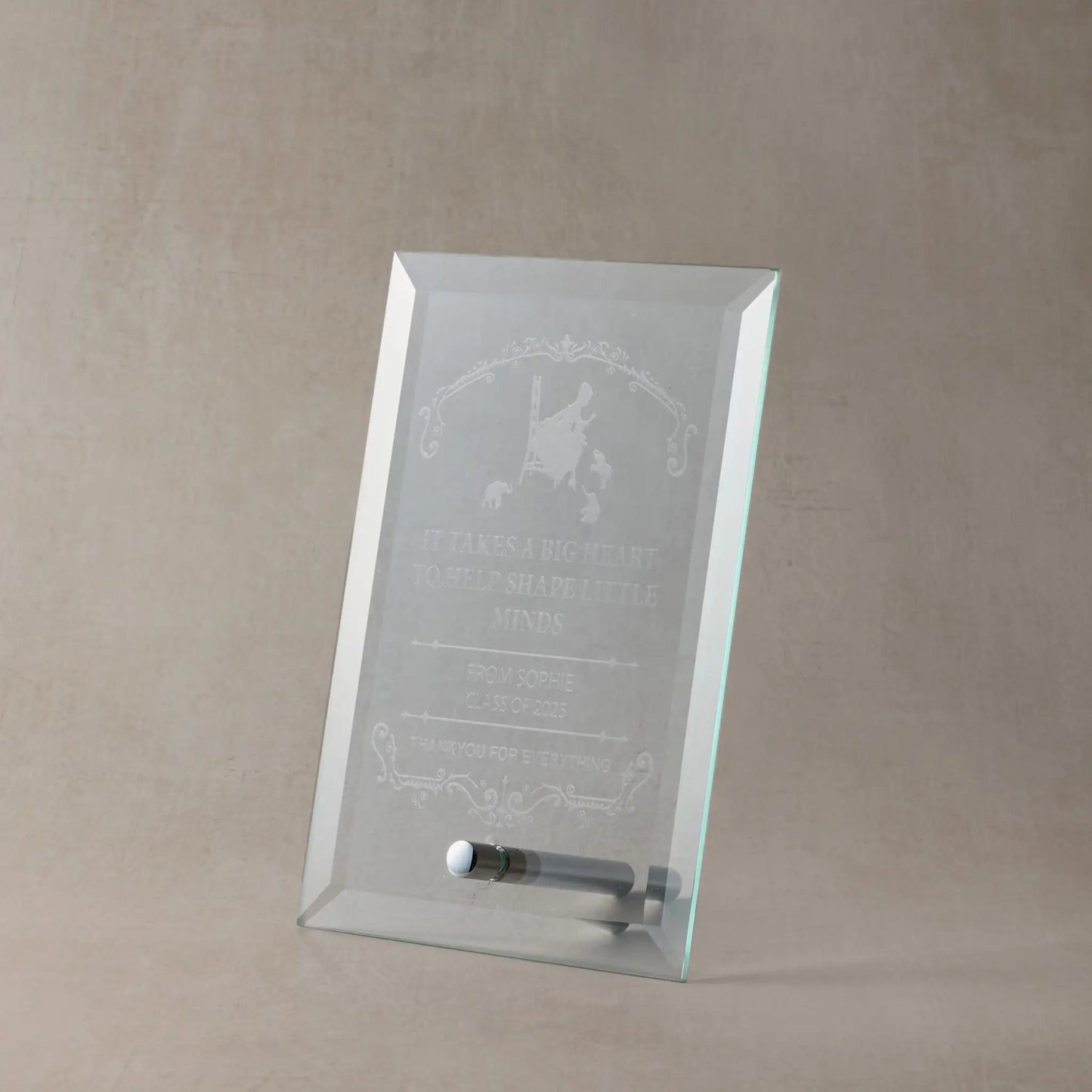 Bevelled glass plaque engraved with a thank you message to a school teacher