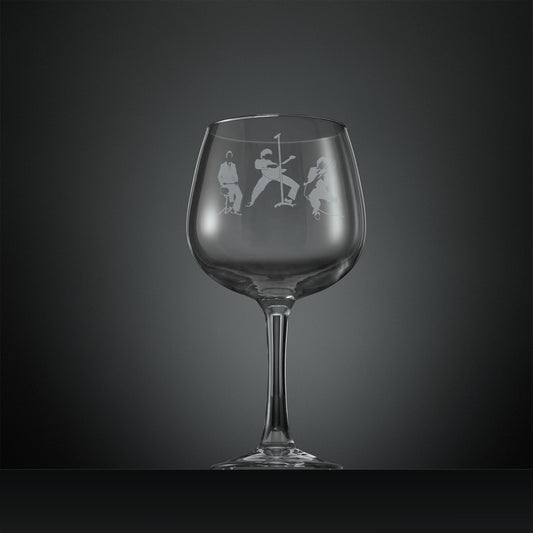 Engraved gin glass with silhouette of The Jam band members