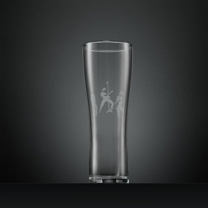Engraved pint glass with silhouette of The Jam band members