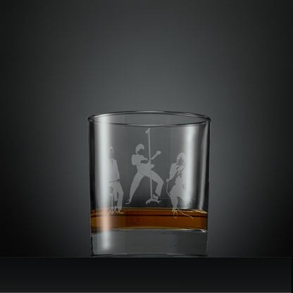 Engraved whisky glass with silhouette of The Jam band members