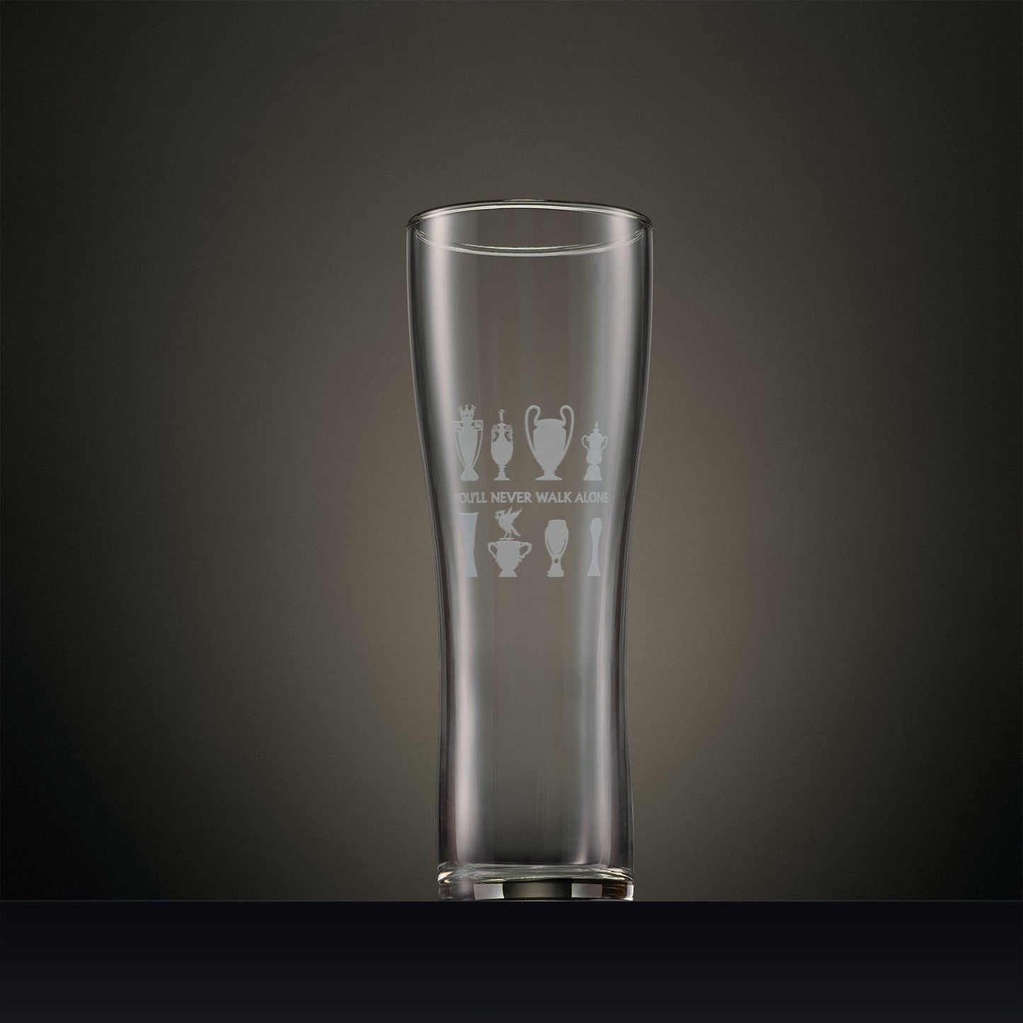 Engraved Pint Glass with Eight Trophy Silhouettes and Liver Bird Design, personalised with your chosen name, date or message.
