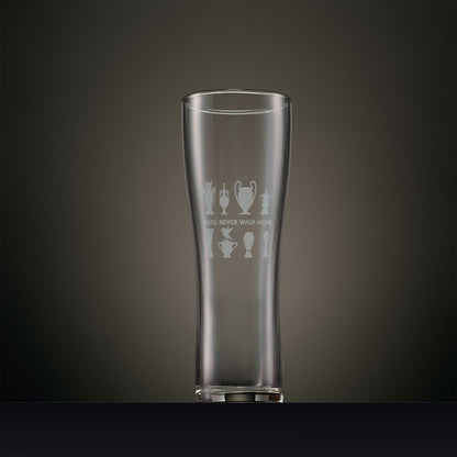 Engraved Pint Glass with Eight Trophy Silhouettes and Liver Bird Design, personalised with your chosen name, date or message.