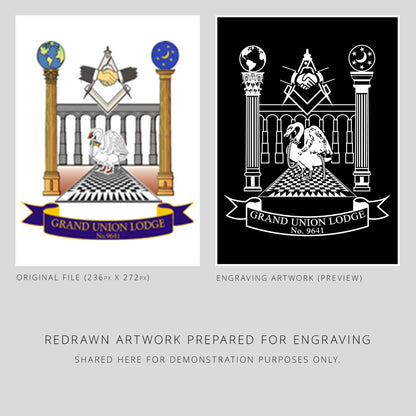 Two versions of a Masonic Grand Union Lodge logo, one in color and one in black and white, on a gray background.