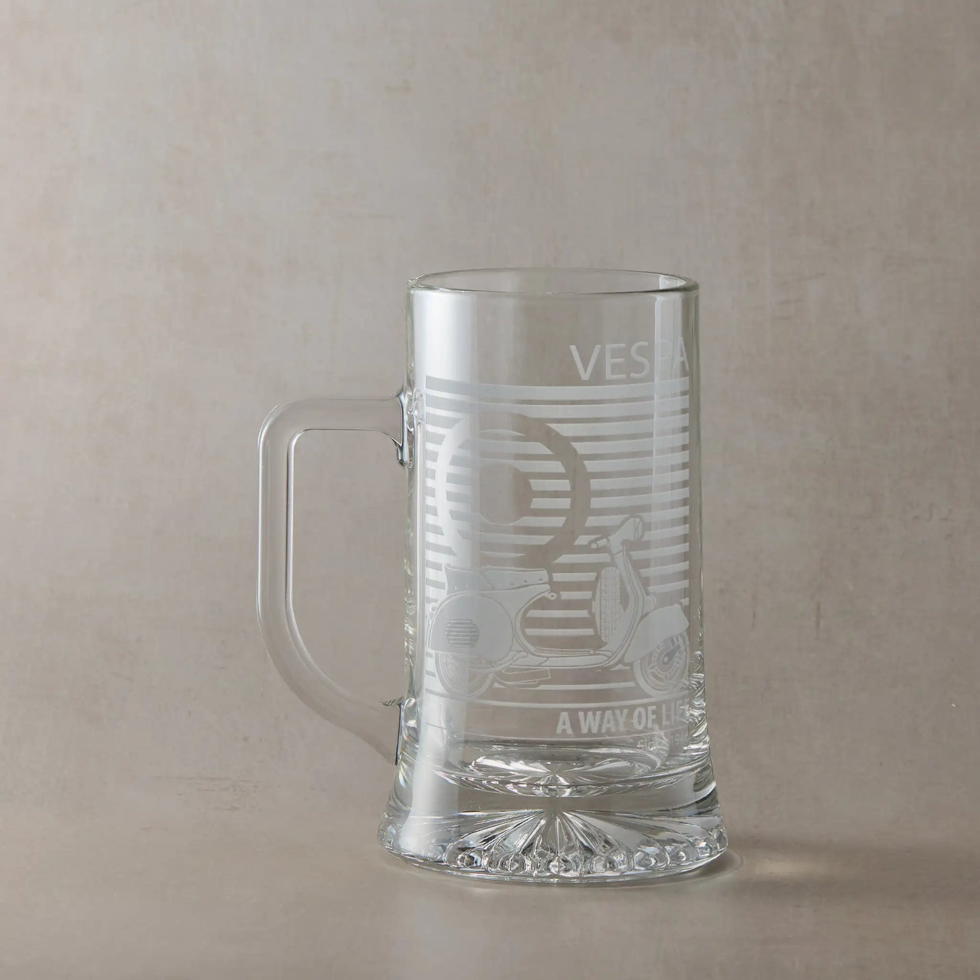 Vespa GS150 scooter engraved tankard with handle left, photographed on neutral beige background.