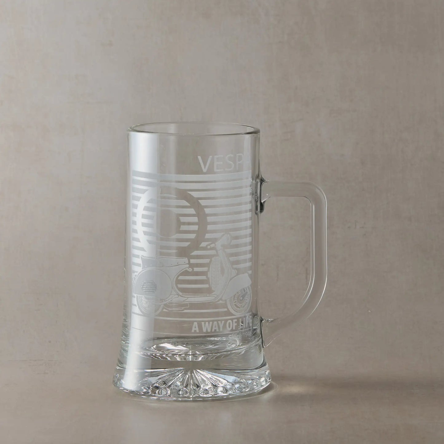 Vespa GS150 engraved tankard with handle right, photographed on neutral beige background.