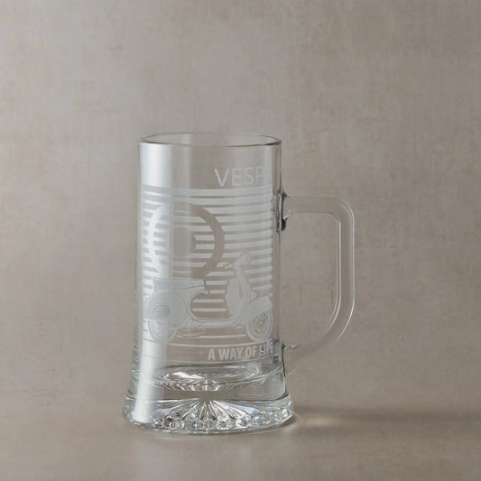 Vespa GS150 engraved tankard with handle right, photographed on neutral beige background.