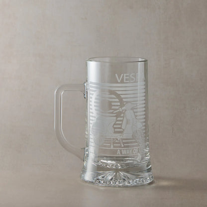 Vespa T5 Scooter engraved tankard with handle on left, photographed on neutral beige background.