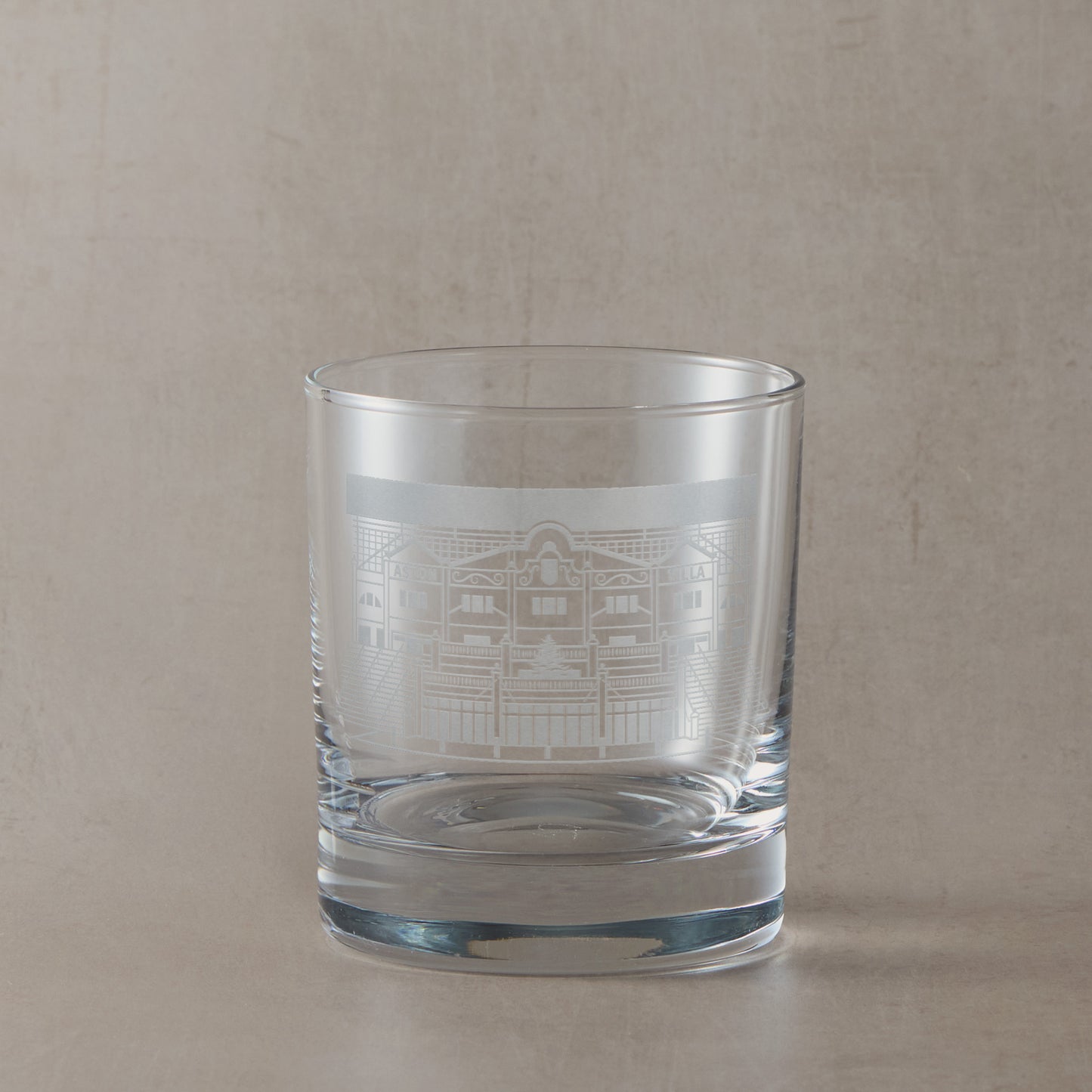 Whisky glass engraved with the facade of Villa Park stadium