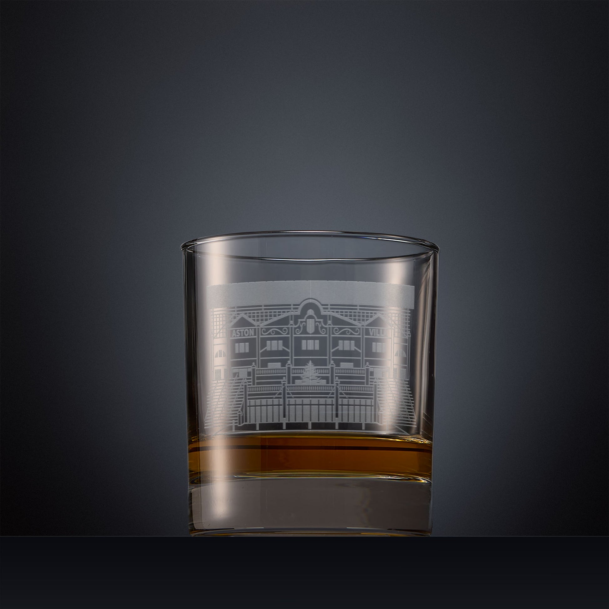 Engraved Villa Park whisky glass with football stadium line-art design