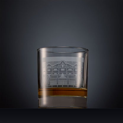 Engraved Villa Park whisky glass with football stadium line-art design