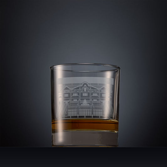 Engraved Villa Park whisky glass with football stadium line-art design