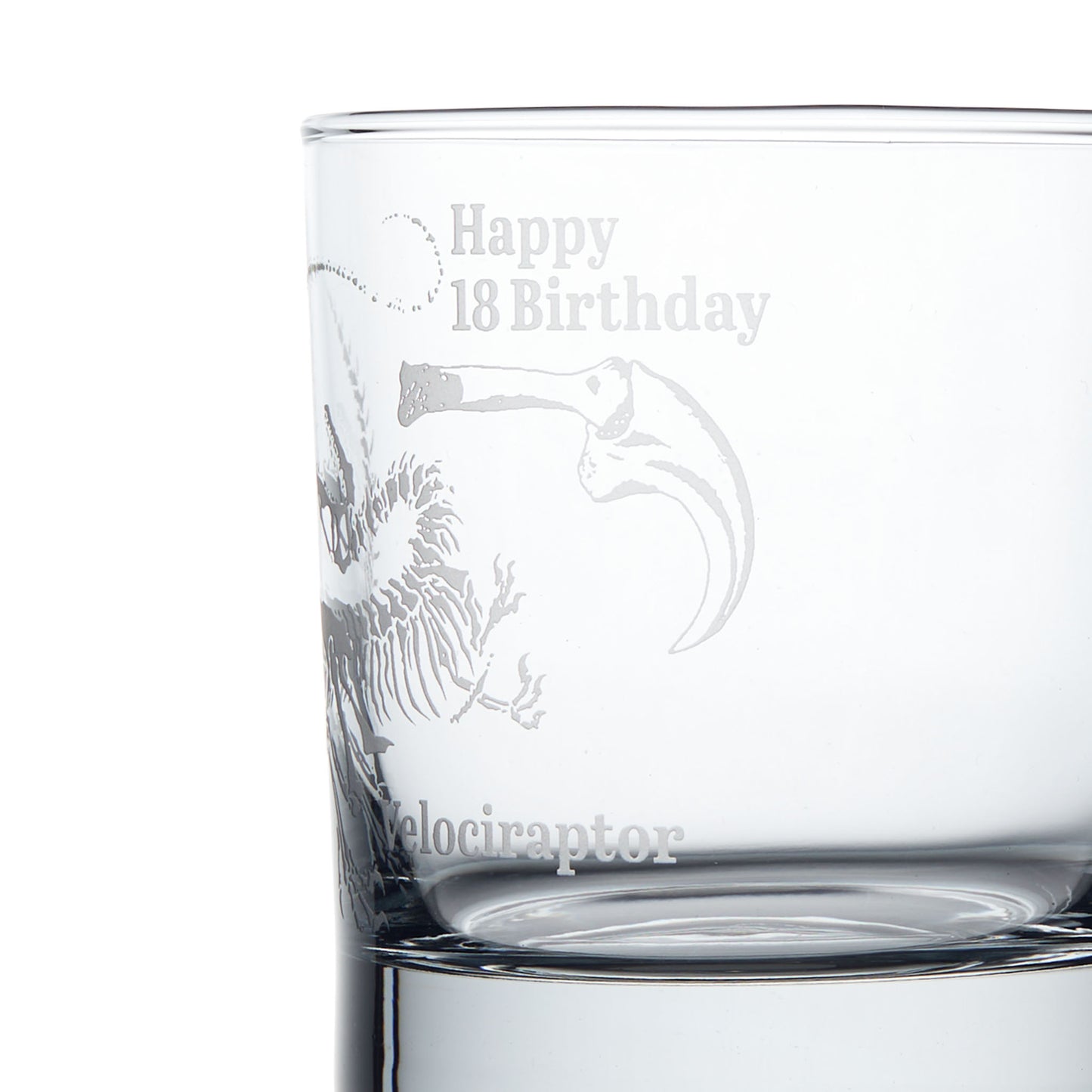 Close-up engraving detail of a Velociraptor dinosaur fossil etched on a whisky glass