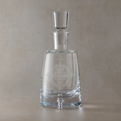 Handmade decanter engraved with Happy Aniversary, Names and date surrounded by a venetian lacework design.