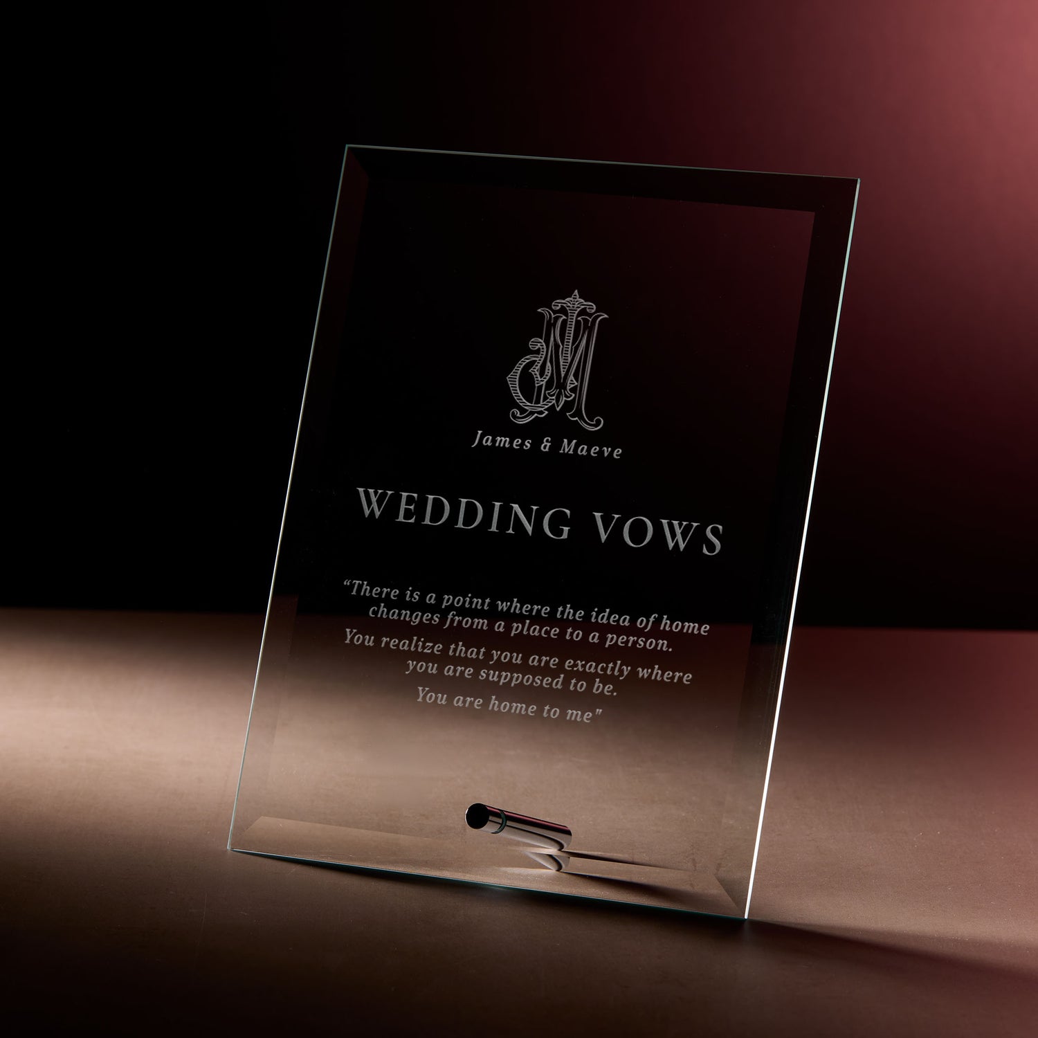 Engraved display plaque with wedding vows and monogram