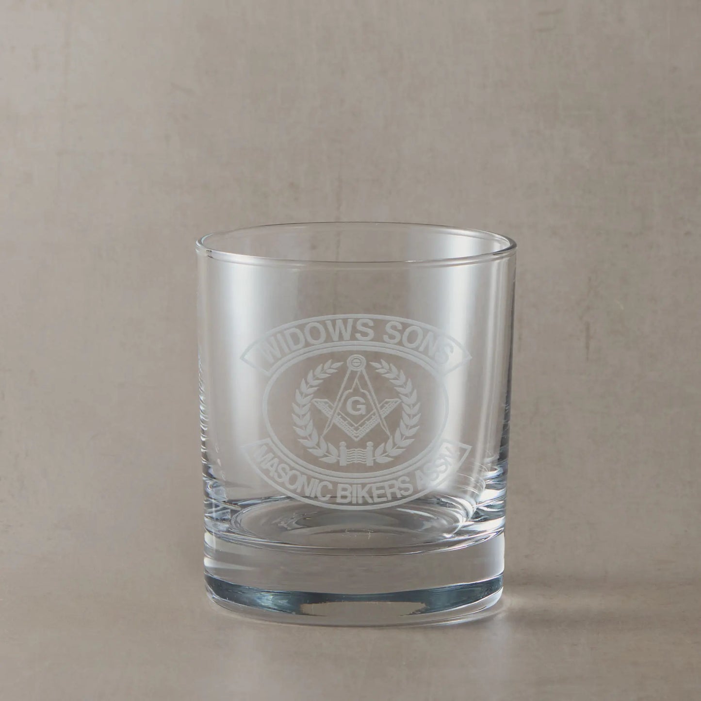 Engraved whisky glass with Widows Sons Masonic Bikers Association crest, square and compass G