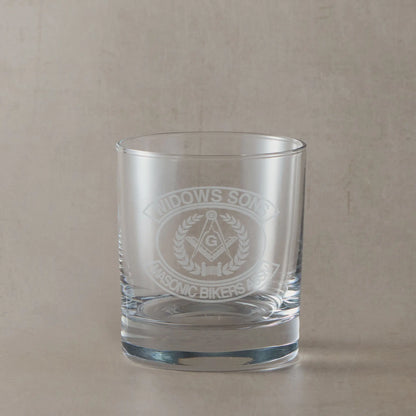 Engraved whisky glass with Widows Sons Masonic Bikers Association crest, square and compass G