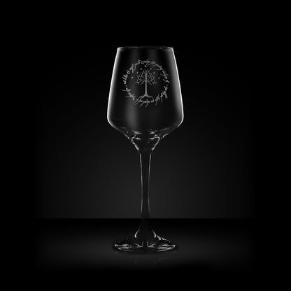 engraved wine glass with gondor's white tree, stars and elvish text