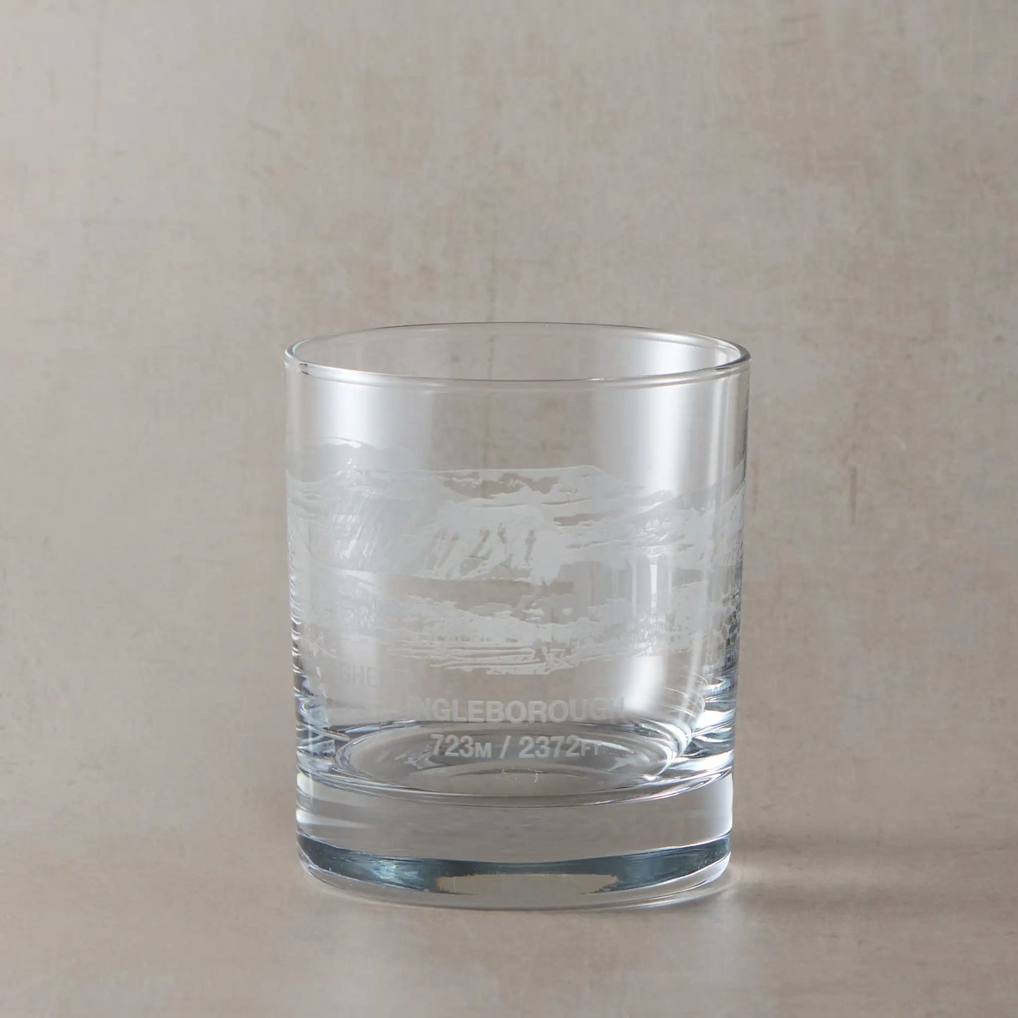Yorkshire Three Peaks whisky glass with a wraparound engraving of Ingleborough, Pen Y Ghent and Whernside