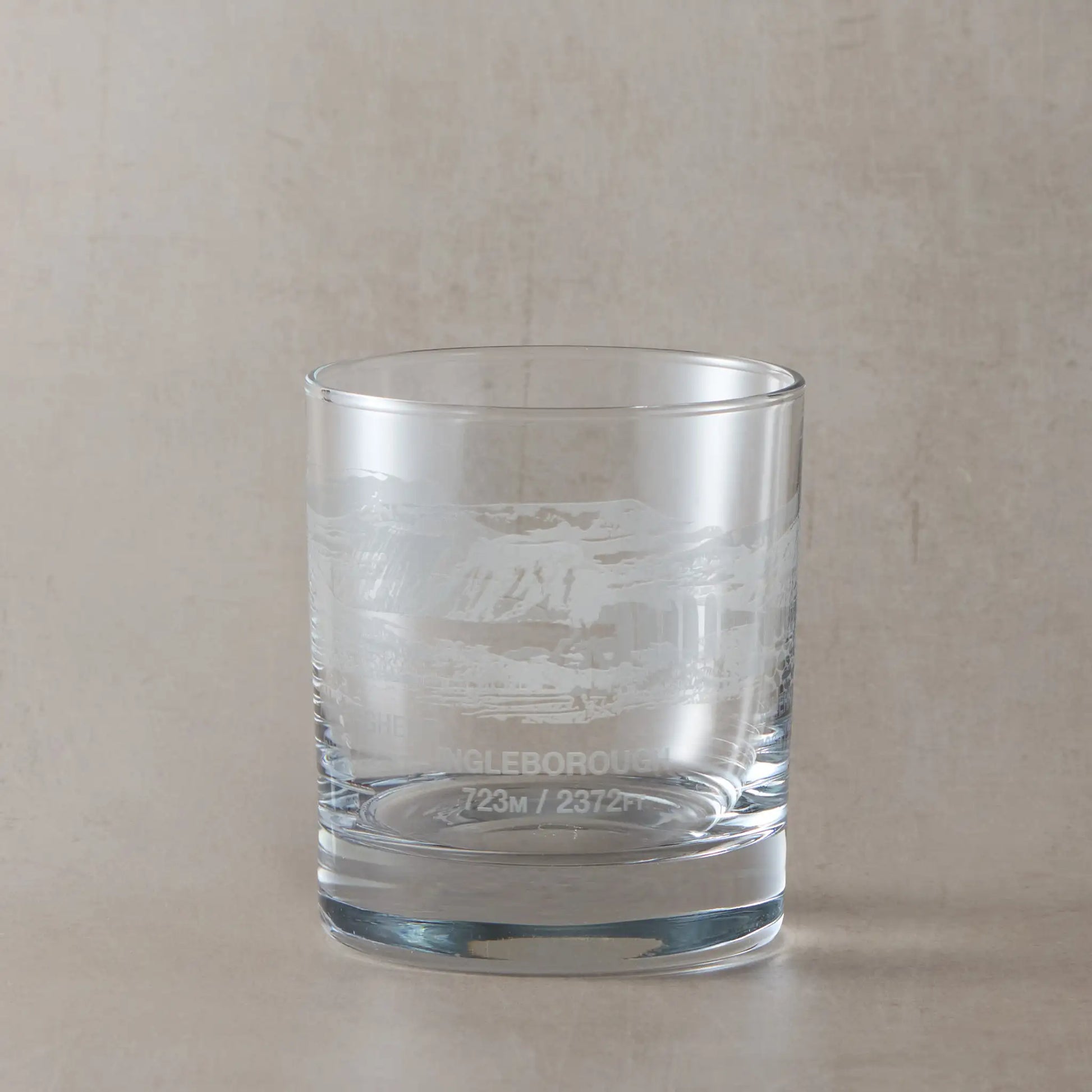 Yorkshire Three Peaks whisky glass with a wraparound engraving of Ingleborough, Pen Y Ghent and Whernside