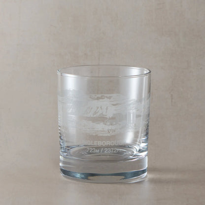 Yorkshire Three Peaks whisky glass with a wraparound engraving of Ingleborough, Pen Y Ghent and Whernside