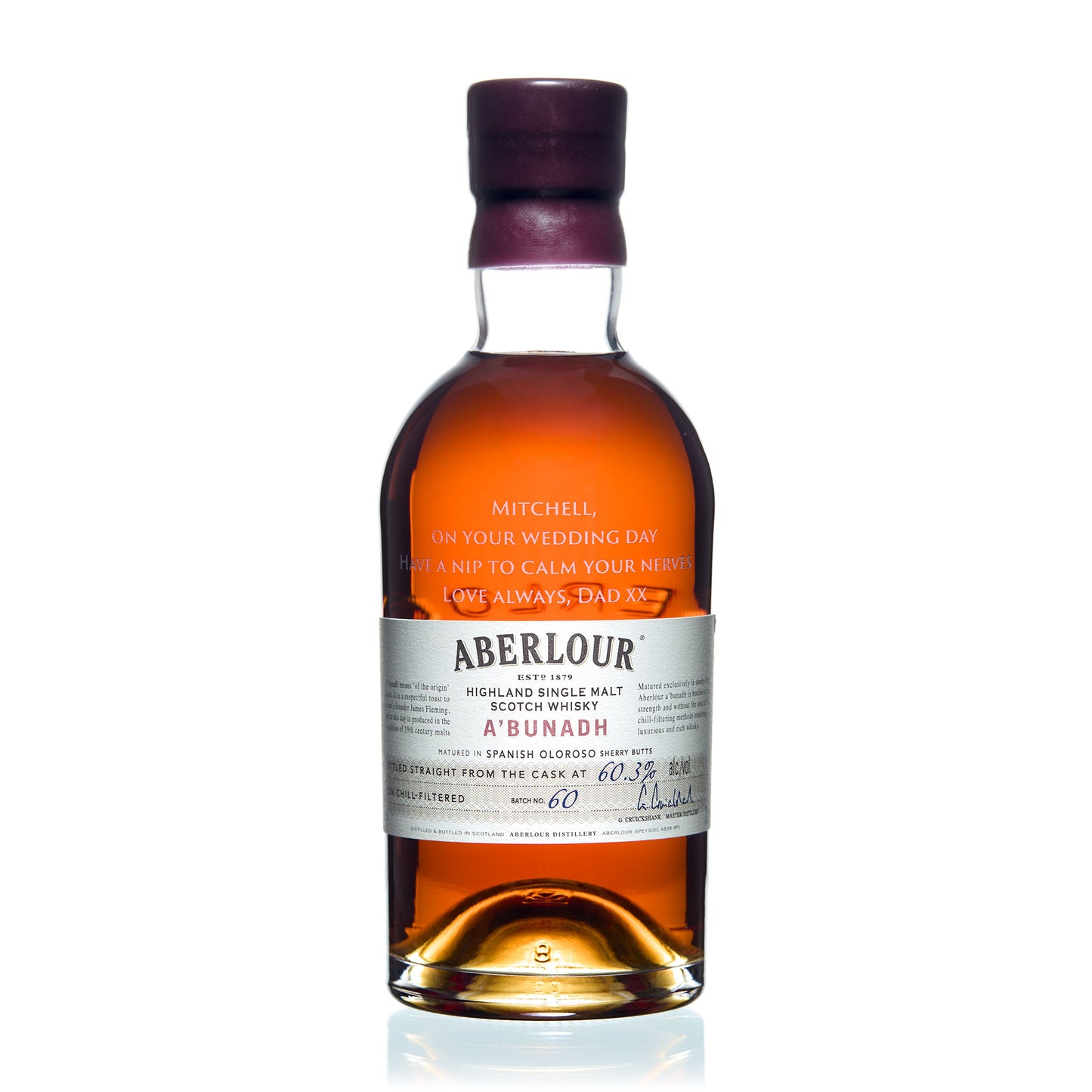 Abelour single malt whisky bottle etched with personalised message using traditional sandblast engraving technique