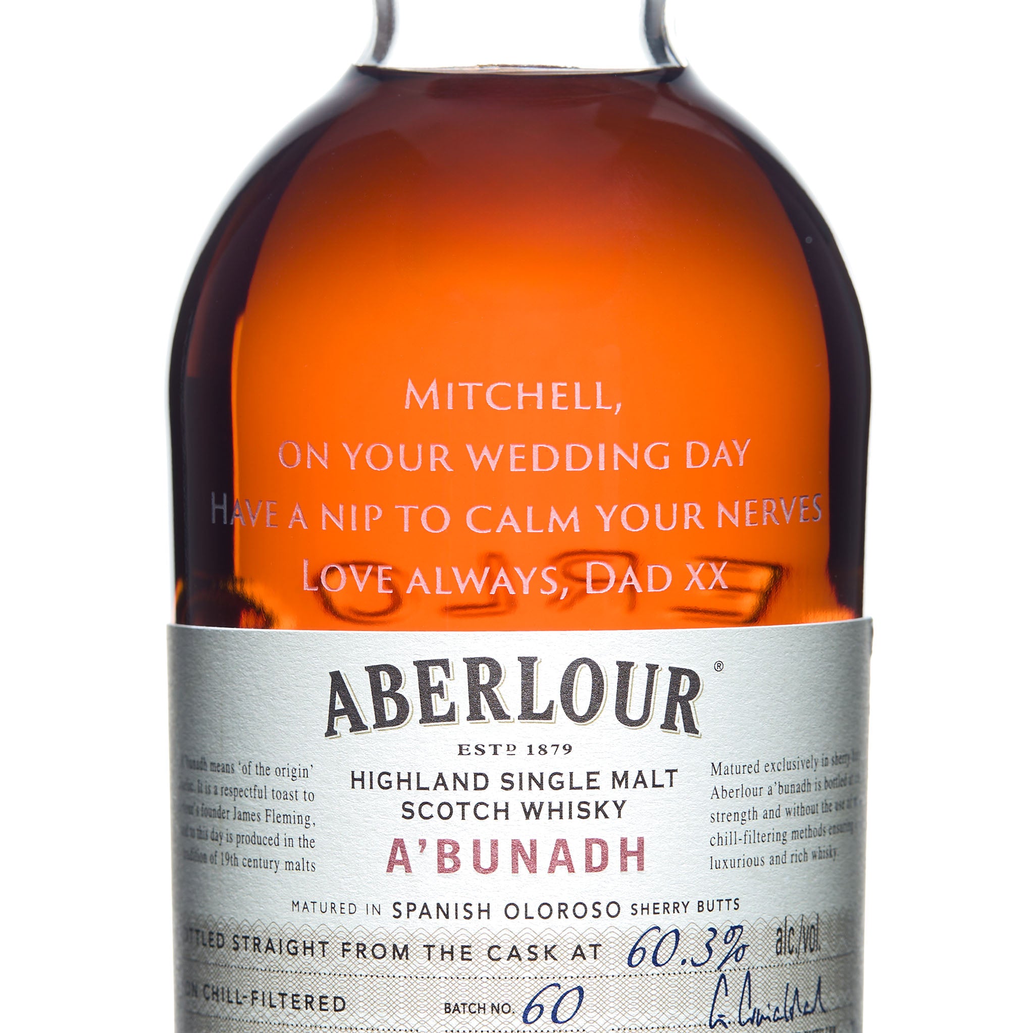 Aberlour whisky bottle with a personalized message on a white background