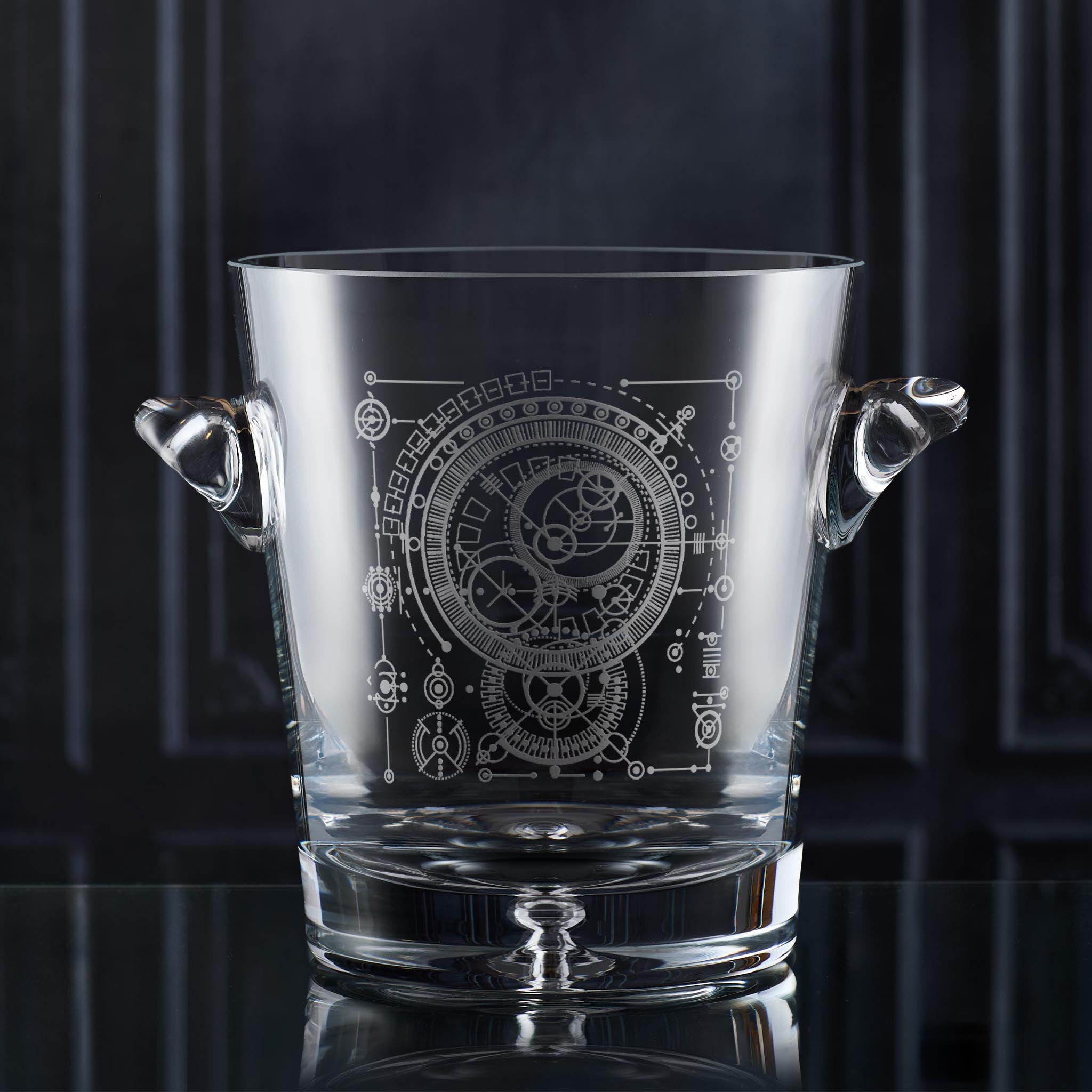 Custom engraved corporate champagne bucket shown in situ.