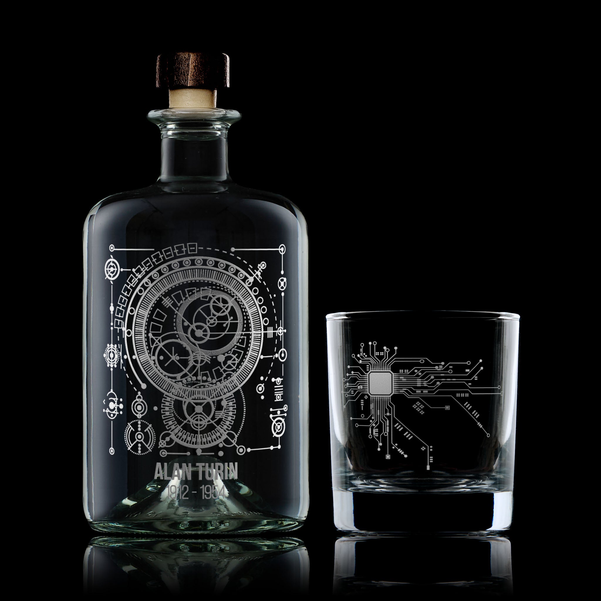 Engraved Alan Turing decanter with mathematical equations and matching circuit-board whisky glass.