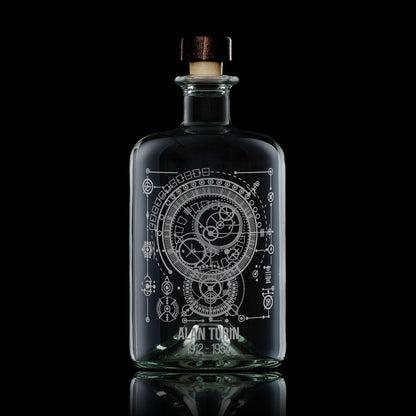 Clear glass apothecary bottle engraved with Alan Turing inspired design, featuring a dark wood synthetic cork stopper, displayed on a white background.