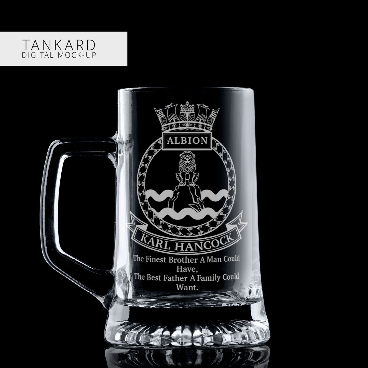 Clear glass beer tankard with engraved crest design and personalised text on a black background