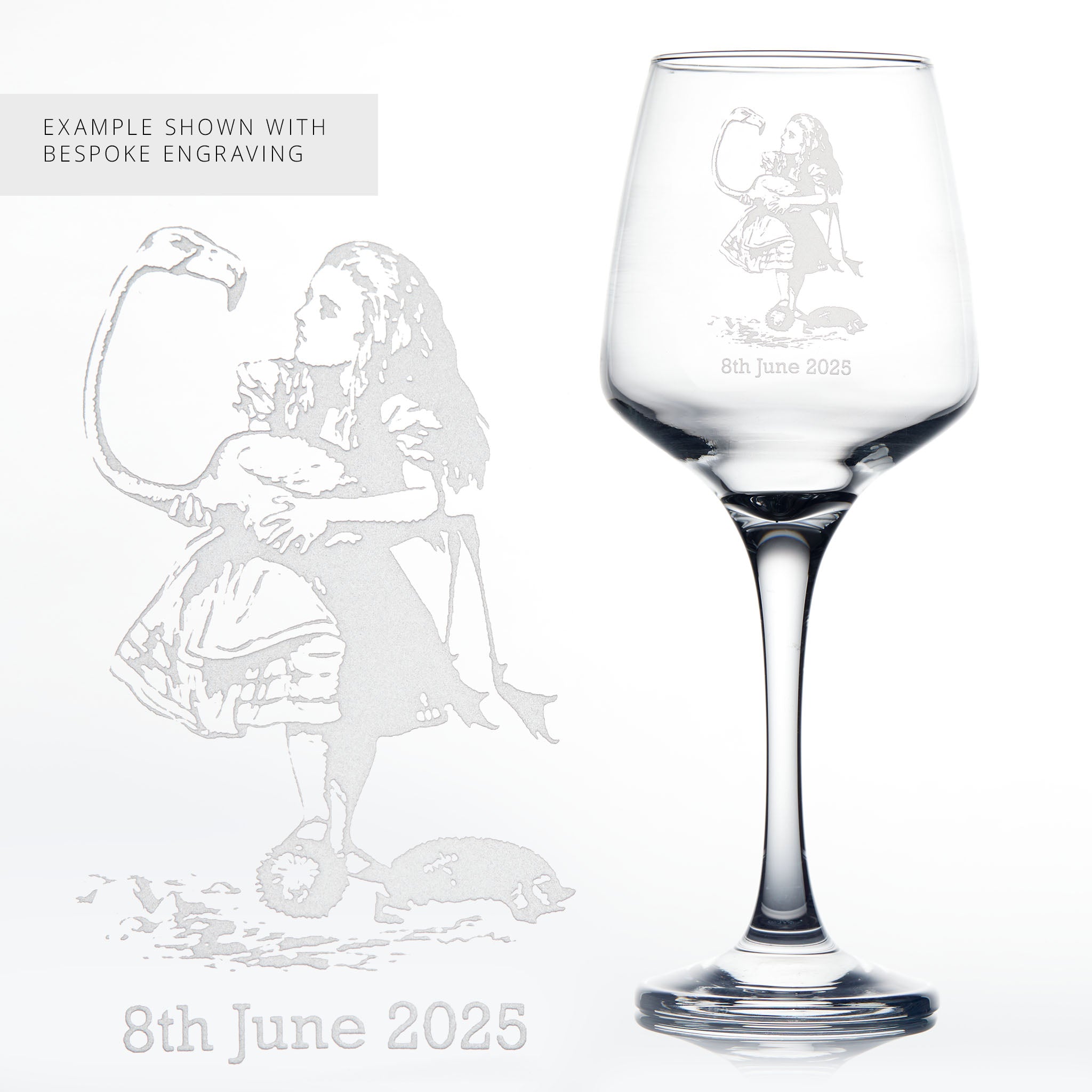 Bespoke engraved wine glass featuring Alice and the flamingo from Alice’s Adventures in Wonderland.