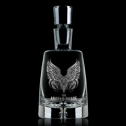 Hand-engraved glass decanter featuring angel wings and ‘The Angel’s Share’ text, ideal whisky lover’s gift