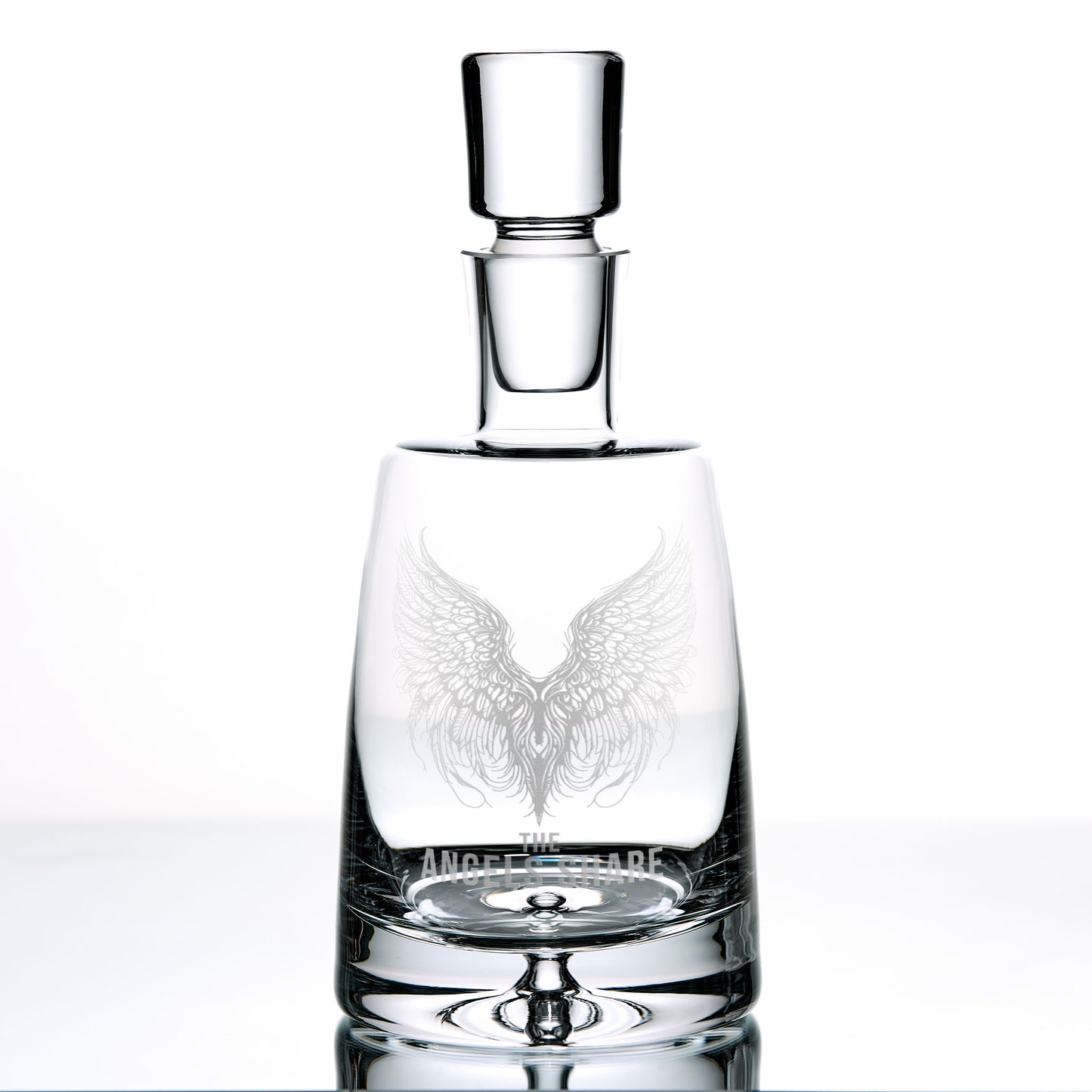 Glass decanter featuring angel wings and ‘The Angel’s Share’ text, ideal whisky lover’s gift