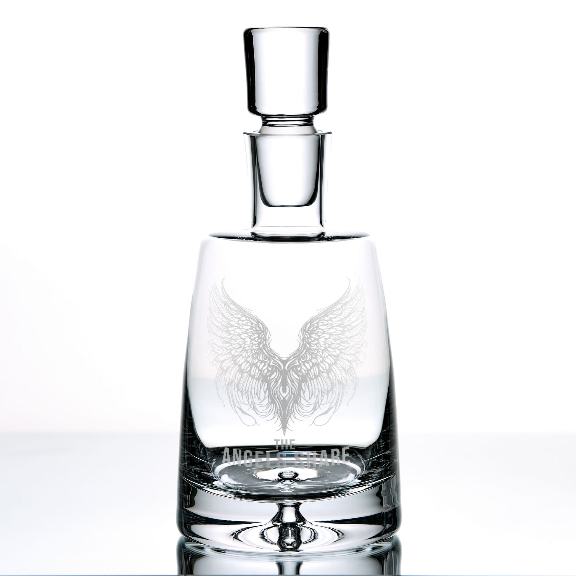 Glass decanter featuring angel wings and ‘The Angel’s Share’ text, ideal whisky lover’s gift