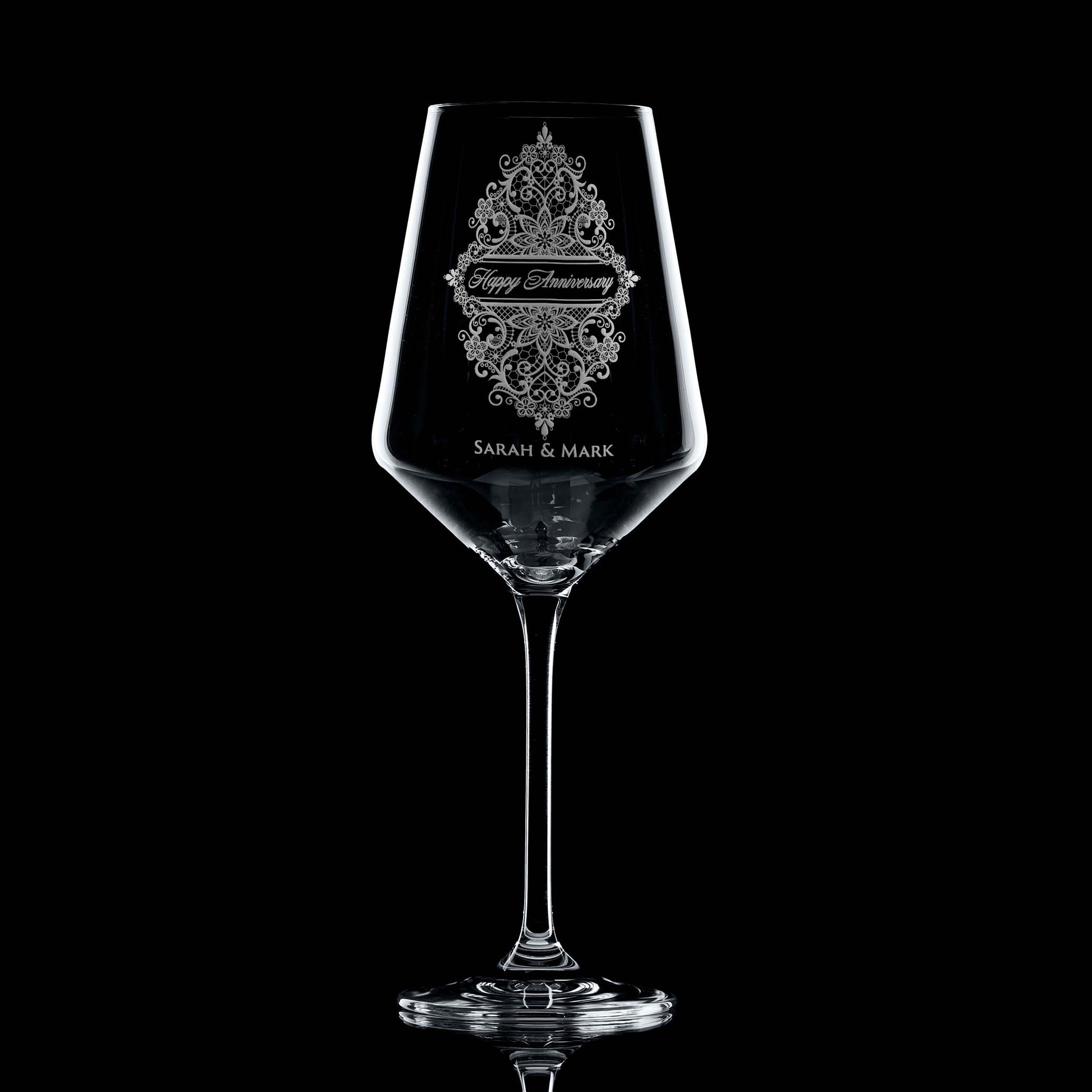 Artisan wine glass engraved with Happy Anniversary and an intricate Guipure lace design