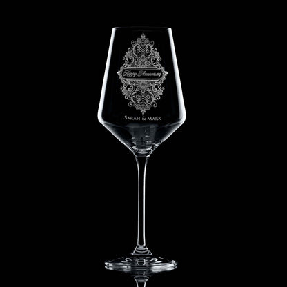 Artisan wine glass engraved with Happy Anniversary and an intricate Guipure lace design