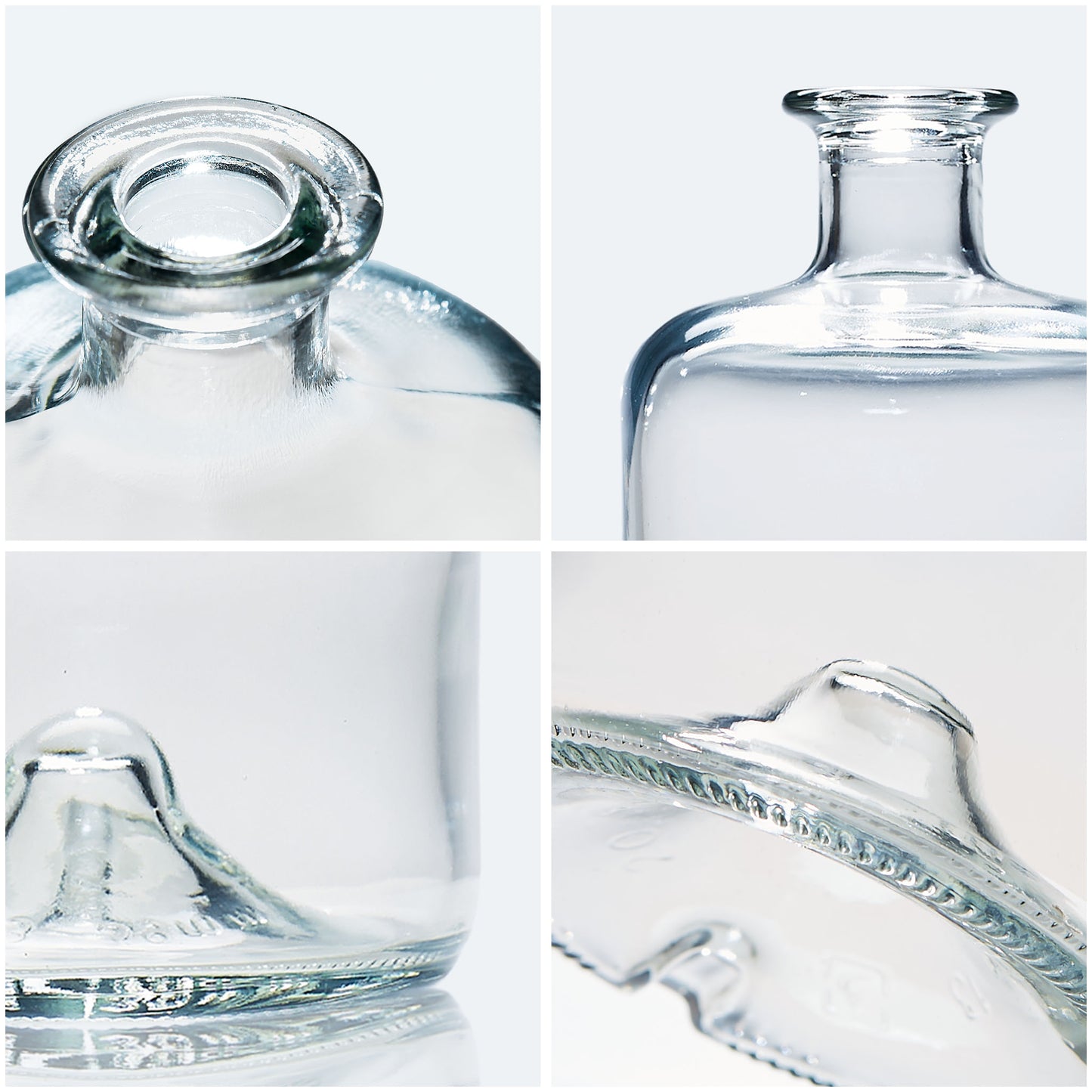 four close up views of a glass apothercary bottle