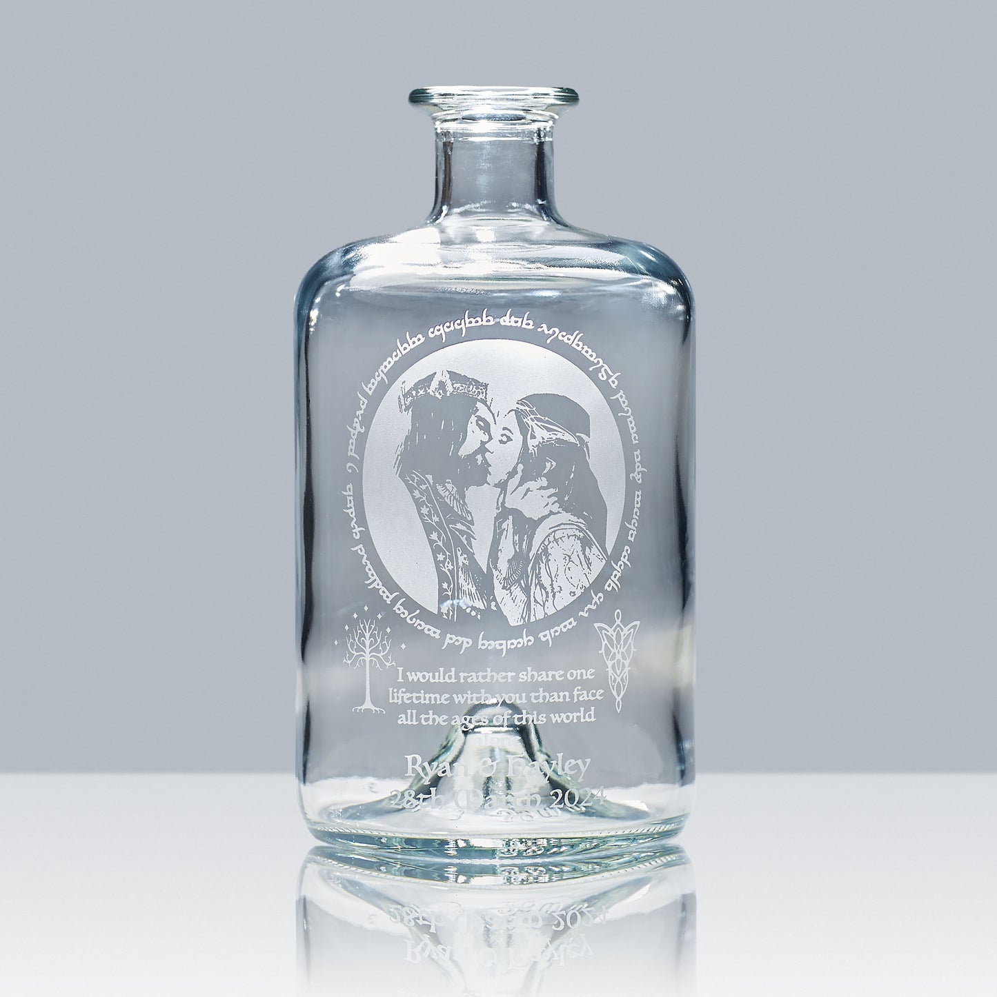 lord of the rings decanter bottle engraved with arwen and aragorn