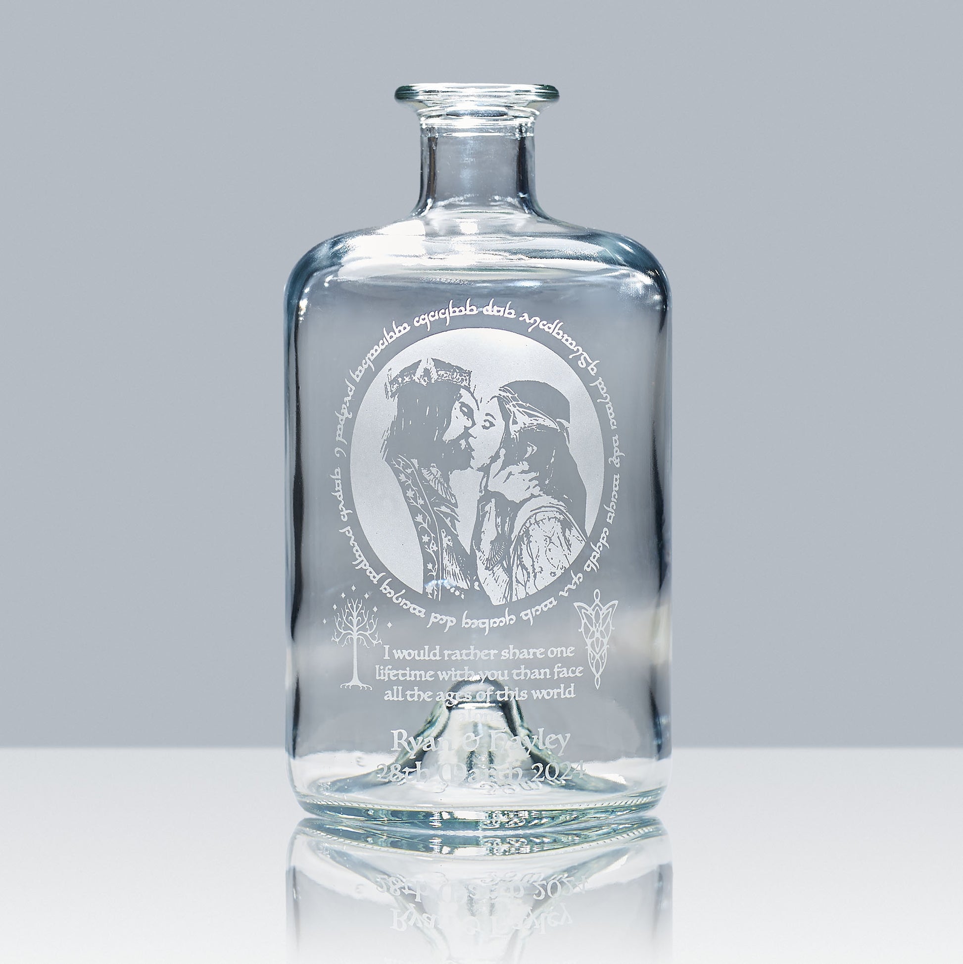 lord of the rings decanter bottle engraved with arwen and aragorn