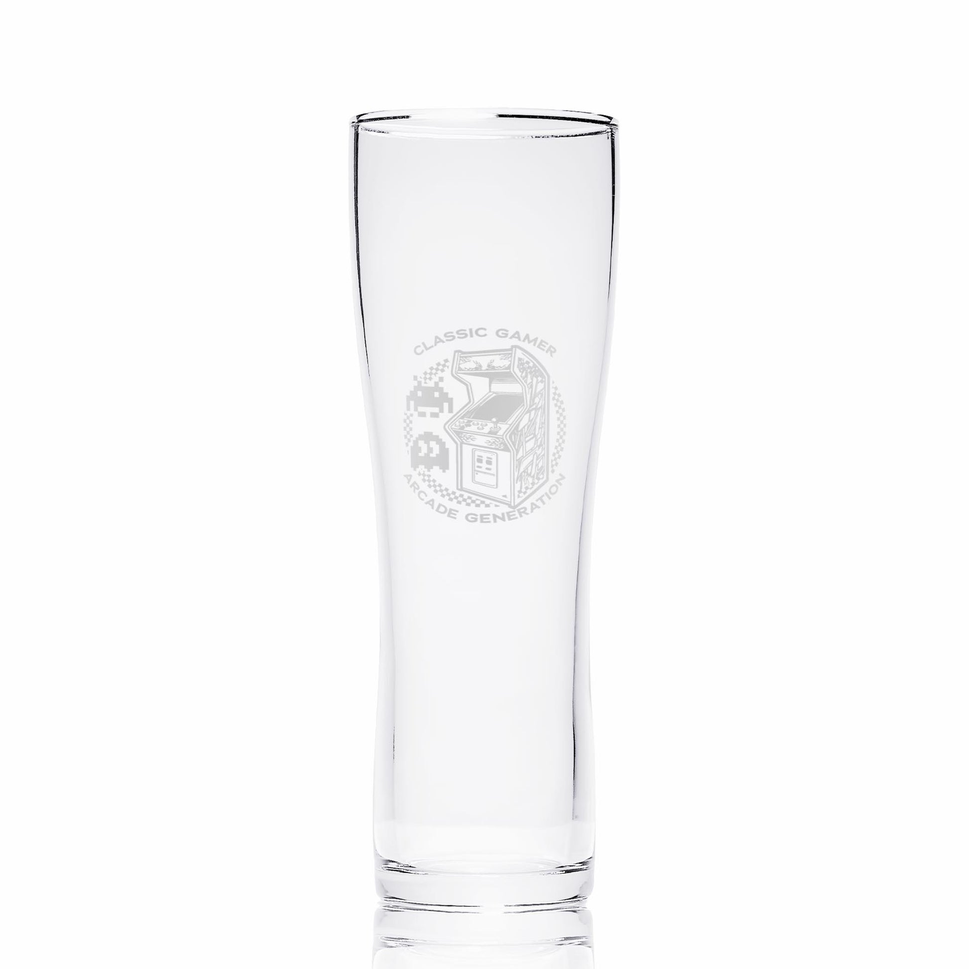 Arcade gamer pint glass featuring classic game design, shown on a white background to display the full glass shape.